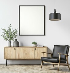 Modern interior design, a mockup poster frame on the wall with a wood sideboard and armchair, against a white background