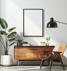 Modern interior design, a mockup poster frame on the wall with a wood sideboard and armchair, against a white background