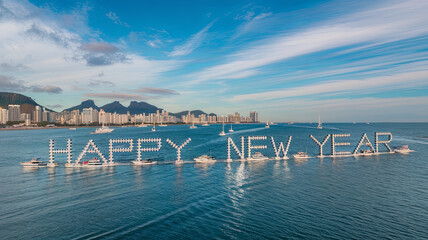 Obraz premium Happy New Year spelled out in boats in a harbor.