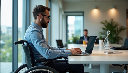 Man in wheelchair working on laptop in modern office
