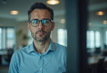 Obraz premium young business man with glasses in front of the camera inside an office