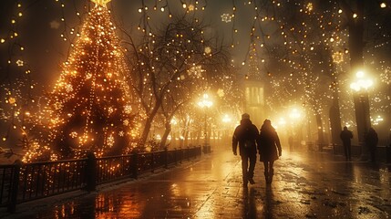Fototapeta premium A magical winter evening stroll under twinkling lights beside a beautifully decorated Christmas tree. Generative AI