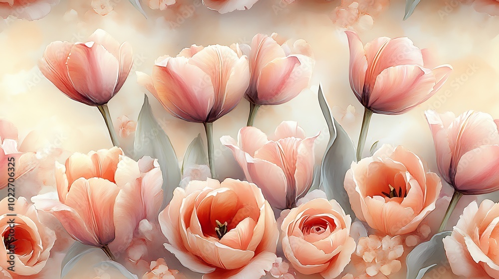 Canvas Prints Watercolor tulips and roses in soft pastel hues of pink and peach, intricately woven in a seamless floral design, hd quality, delicate brushwork, soft glowing light, smooth pastel background.