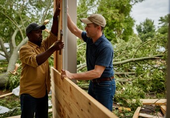 Collaborative effort in storm damage repair and reconstruction scene