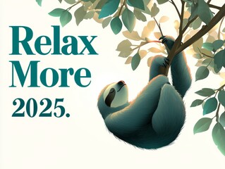Sloth Hanging on Branch with Relax More 2025 Text