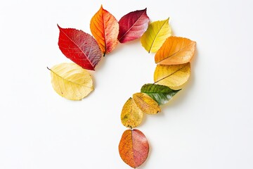 Colorful autumn leaves arranged in a question mark shape on a white background.