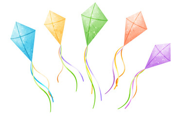 Vector set of colorful kites. Soaring kite isolated on white
