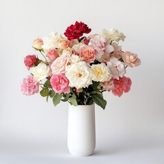 Fototapeta premium A bouquet of mixed wildflowers in a white rustic vase, mid-shot, with half of the vase visible, against a white background