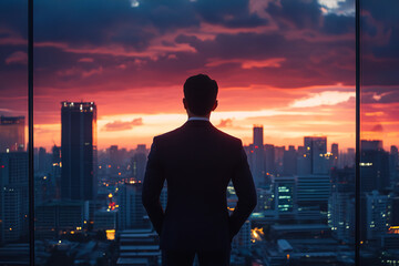 Fototapeta premium Successful Businessman Overlooking City Skyline at Sunset 