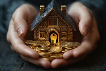 Hands Holding House Model and Coins for Investment