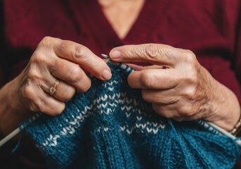 Elderly woman knitting warm sweater indoors during winter season