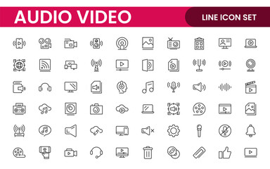 Audio Video Icons Pack. Thin line icons set. Flat icon collection set. Simple outline icons.