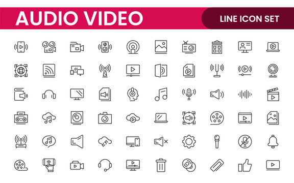 Audio Video Icons Pack. Thin line icons set. Flat icon collection set. Simple outline icons.