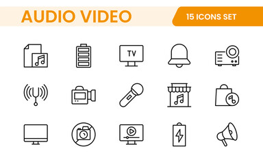 Fototapeta premium Audio Video Icons Pack. Thin line icons set. Flat icon collection set. Simple outline icons.