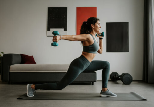 Energetic workout routine at home with dumbbells for strength training and fitness lifestyle