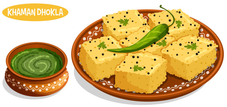 Khaman Dhokla with Green Chutney in Mud Pot and Plate. Garnished with Mustard Beans, Parsley and Green Chili. Popular Indian Street Snacks 