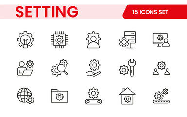 Settings, icon set. Containing options, configuration, preferences, adjustments, operation, gear, control panel, equalizer, management, optimization and productivity icons.