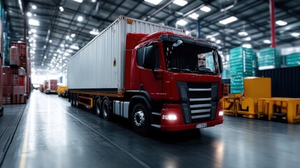 Fototapeta premium Red Truck in Warehouse with Shipping Containers