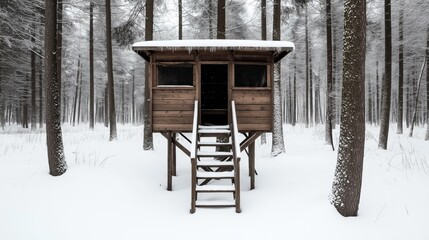 Elevated wooden cabin in a snow-covered forest with snow on the roof and steps, surrounded by tall, leafless trees in a winter landscape.