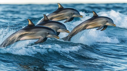 Fototapeta premium A group of dolphins gracefully leaps above the ocean waves, showcasing their agility and playful nature in the sea.