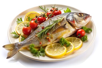 Fish Recipe Isolated Photo. Gourmet Seafood Dish Image. Fish Dish on White Photo. 