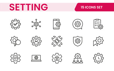 Settings, icon set. Containing options, configuration, preferences, adjustments, operation, gear, control panel, equalizer, management, optimization and productivity icons.