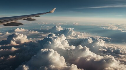 Fototapeta premium dreamy cloudscape viewed through airplane window soft pastel hues wispy cirrus clouds glimpse of wing sense of serenity and wonder.