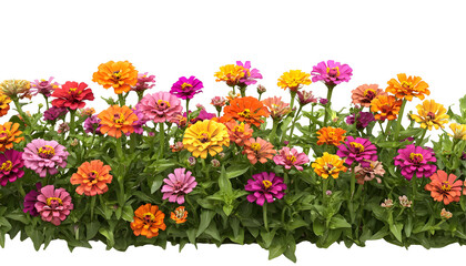A meadow of colorful zinnias, isolated on transparent background