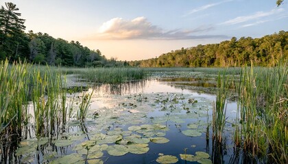 Serene Marshland With Tall Reeds and Lily Pads Floating on the Calm Water, Surrounded by Swampy Forests and Birdsong Echoing Through the Quiet Wetlands
