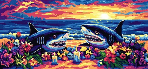 Colorful sunset scene featuring two sharks surrounded by vibrant flowers and candles on a beach.