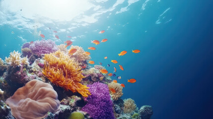 Obraz premium A captivating underwater scene showcasing a vibrant marine ecosystem teeming with colorful fish and coral reefs in clear blue waters.