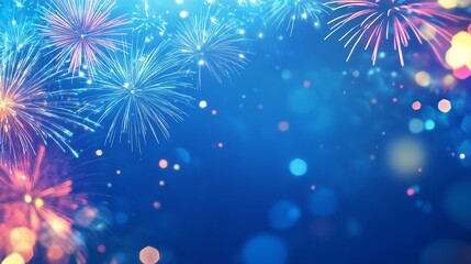 Obraz premium Vibrant Fireworks Display with Colorful Explosions on Blue Night Sky, Festive Celebration Background with Copy Space