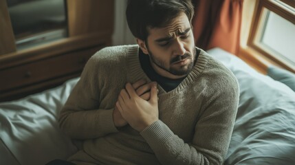 Fototapeta premium a man looking sad holding his chest sitting on the floor next to his bed