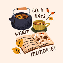 Tea kettle and cup, autumn book, seasonal card. Cozy fall mood, hygge time with warming hot drink, teakettle, leaf, square background, postcard design with phrase. Flat vector illustration