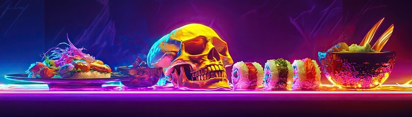 Vibrant arrangement of sushi and gourmet food beside a decorative skull on a neon-lit table, creating a striking visual contrast.