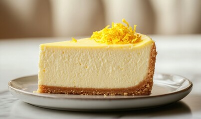 A slice of lemon cheesecake on a white plate