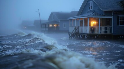 Stormy waves crash against coastal homes during a powerful storm at dusk near the oceanfront. Generative AI