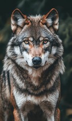 Fototapeta premium A gray wolf stares intently at the camera.