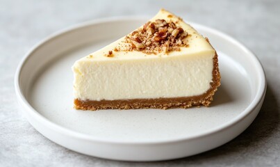 A slice of cheesecake with nuts on top