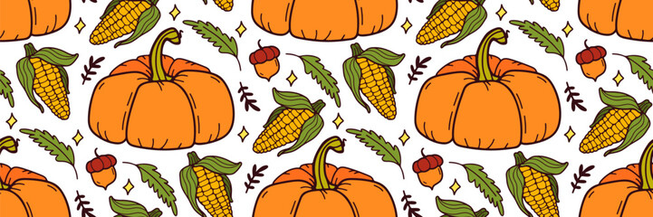 Autumn seamless pattern with pumpkin and corn. Harvest orange yellow background. Seasonal vegetables, agriculture. For wallpaper or fabric, packaging, brand, market, store. Vector doodle illustration.
