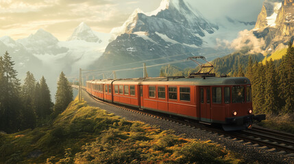 Fototapeta premium the Swiss Jungfrau railway , taken with an analog camera in the early morning light.