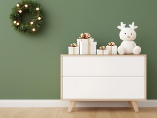 Modern festive decor with Christmas gifts and a cute reindeer figurine on a dresser.
