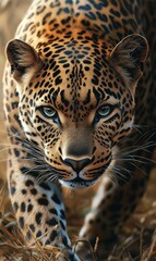 Obraz premium Leopard close-up, intense gaze, spotted fur.