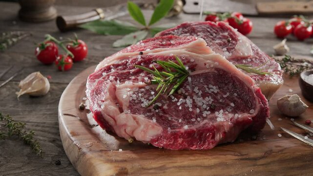 Two raw rib eye steaks with spices and herbs on a wooden kitchen table. Camera slowly moves around the kitchen table.