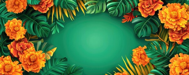 Fototapeta premium A vibrant floral border with orange marigolds and lush green leaves, perfect for background designs or invitations.
