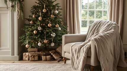 Serene Corner of Home with Christmas Tree and Cozy Chair