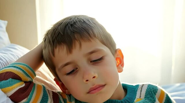Boy in a striped sweater lies in bed with a tired expression, his hand resting on his forehead, in a bright bedroom, suggesting illness or recovery from a virus