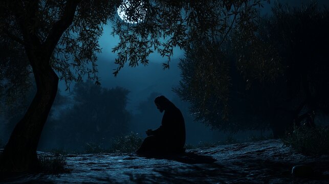 Cinematic, wide-angle shot of Jesus kneeling alone in the dark, moonlit garden of Gethsemane.