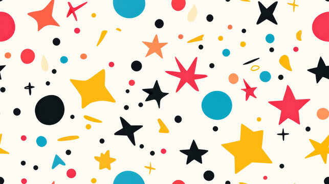 Seamless retro pattern with colorful polka dots and star elements