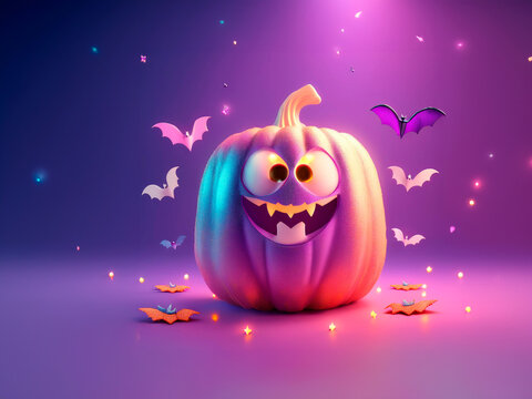 Colorful pumpkin with lights and bats around